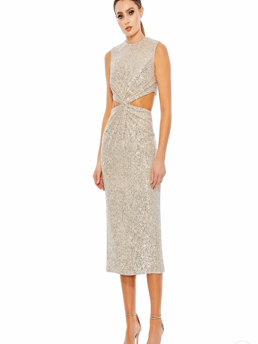 Sequin Twist-Cutout Midi Dress in Champagne